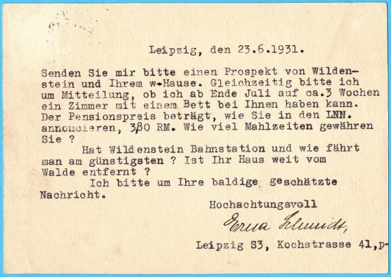 Zweckentfremdete Postkarte von " Justizrat Meyerowitz, Rechtsanwalt beim Reichsgericht, Leipzig S 3, Fockestraße 2 ", - versandt am 23.6.1931 - Kartenrückseite