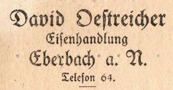 Geschäftspostkarte der " Eisenhandlung David Oestreicher, Eberbach a. N ". - versandt am 28. August 1923 - Ausschnittvergrößerung Geschäftsadresse