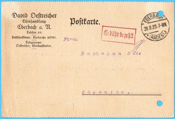 Postkarte - David Oestreicher Geschäftspostkarte der " Eisenhandlung David Oestreicher, Eberbach a. N ". - versandt am 28. August 1923