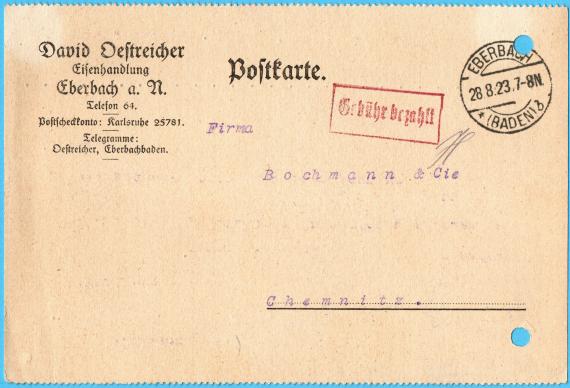 Geschäftspostkarte der " Eisenhandlung David Oestreicher, Eberbach a. N ". - versandt am 28. August 1923 