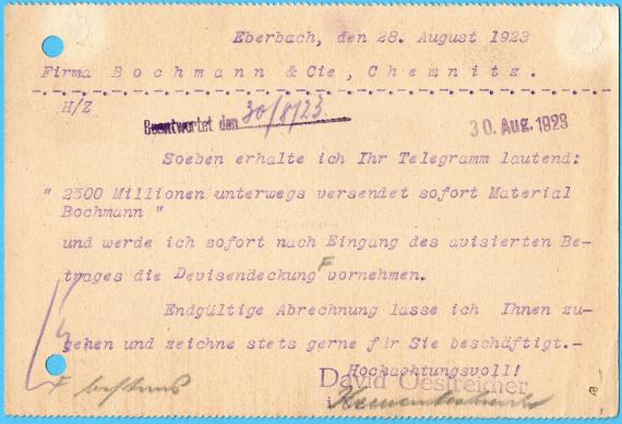 Geschäftspostkarte der " Eisenhandlung David Oestreicher, Eberbach a. N ", - versandt am 28. August 1923 - Kartenrückseite