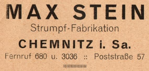 Geschäftspostkarte von " Max Stein, Strumpf - Fabrikation " in Chemnitz i. Sa., - versandt am 20. Juli 1923 - Ausschnittvergrößerung Geschäftsadresse