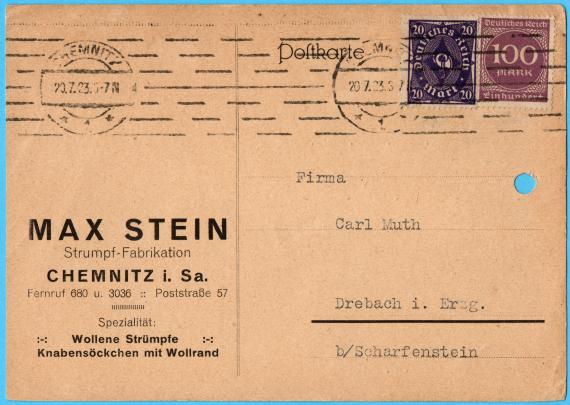 Geschäftspostkarte von " Max Stein, Strumpf - Fabrikation " in Chemnitz i. Sa., - versandt am 20. Juli 1923