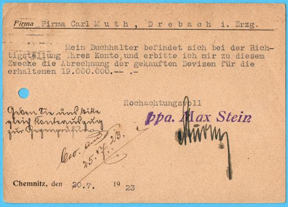 Geschäftspostkarte von " Max Stein, Strumpf - Fabrikation " in Chemnitz i. Sa., - versandt am 20. Juli 1923  -  Kartenrückseite