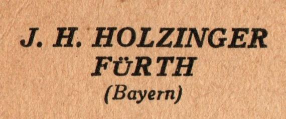 Postcard of business nature from " J.H. Holzinger,Fürth ", - mailed on May 24, 1922 - detail enlargement return address