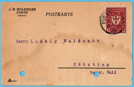 Postcard of a business nature from " J.H. Holzinger,Fürth ", - mailed on May 24, 1922