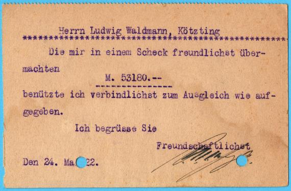 Postkarte geschäftlicher Art von " J.H. Holzinger,Fürth ", - versandt am 24. Mai 1922 - Kartenrückseite