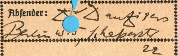 Postkarte - Dr. Gerhard Danziger Postkarte von Dr. Gerhard Danziger, Berlin,Schaperstraße 22, - versandt am 24. September 1923 - Ausschnittvergrößerung Absenderadresse