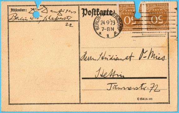 Postkarte von Dr. Gerhard Danziger, Berlin,Schaperstraße 22, - versandt am 24. September 1923 