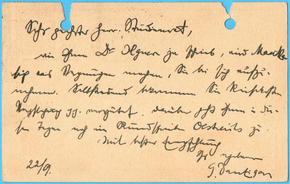 Postkarte von Dr. Gerhard Danziger, Berlin,Schaperstraße 22, - versandt am 24. September 1923 - Kartenrückseite