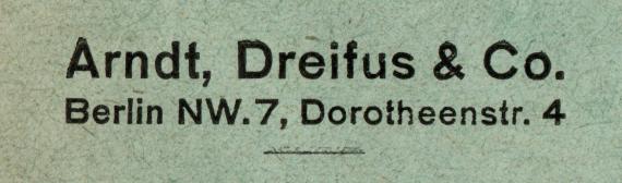 Briefumschlag von " Arndt, Dreifus & Co, Berlin NW 7, Dorotheenstraße 4 ", - versandt am 15. August 1924 - Ausschnittvergrößerung Geschäftsadresse