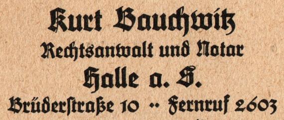 Geschäftspostkarte von " Kurt Bauchwitz, Rechtsanwalt und Notar, Halle a. S. - versandt am 3. Juli 1928 - Ausschnittvergrößerung Geschäftsadresse