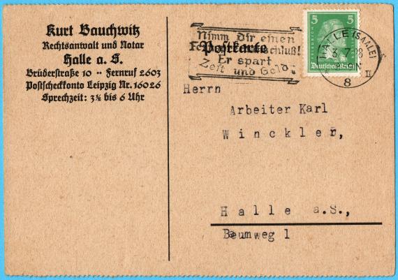 Geschäftspostkarte von " Kurt Bauchwitz, Rechtsanwalt und Notar, Halle a. S. - versandt am 3. Juli 1928 