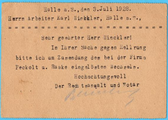 Geschäftspostkarte von " Kurt Bauchwitz, Rechtsanwalt und Notar, Halle a. S. - versandt am 3. Juli 1928 - Kartenrückseite