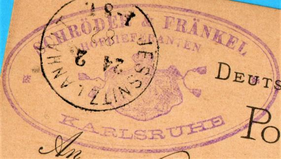 Postcard of business nature from " Schröder & Fränkel, Hoflieferanten " in Karlsruhe, - mailed on 22.2.1882 - detail enlargement business cancel