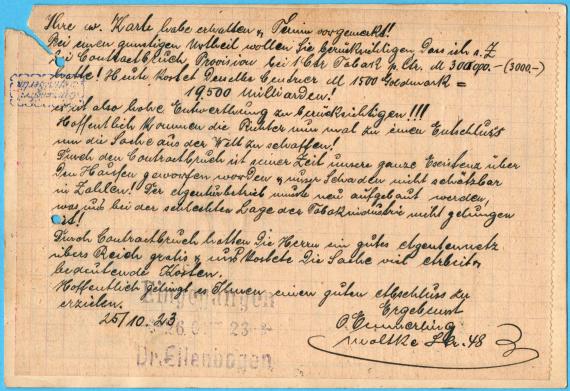 Postkarte geschäftlicher Art an " Dr. Ellenbogen, Rechtsanwalt " in Karlsruhe, Baden, - versandt am 25.10.1923 - Kartenrückseite