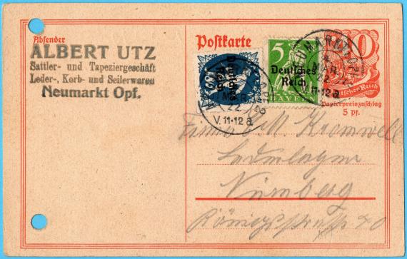 Postkarte geschäftlicher Art an die Firma " E.M. Kromwell, Lederlager ", Nürnberg, Königstraße 40 - versandt am 4. März 1922