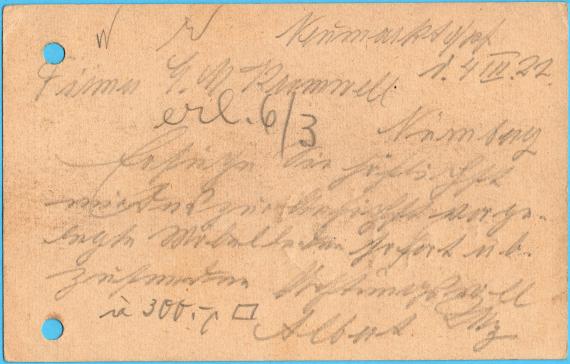 Postkarte geschäftlicher Art an die Firma " E.M. Kromwell, Lederlager ", Nürnberg, Königstraße 40 - versandt am 4. März 1922 - Kartenrückseite