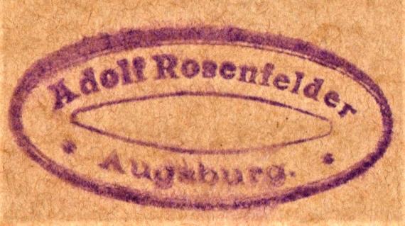 Firmenkarte " Adolf Rosenfelder, Spirituosenfabrik Augsburg ", - versandt am 1. Mai 1909 - Ausschnittvergrößerung Firmenstempel