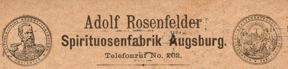 Firmenkarte " Adolf Rosenfelder, Spirituosenfabrik Augsburg ", - versandt am 1. Mai 1909 - Ausschnittvergrößerung Firmenwerbung Kartenrückseite