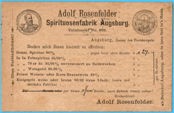 Company card " Adolf Rosenfelder, Spirituosenfabrik Augsburg ", - mailed May 1, 1909 - back of card