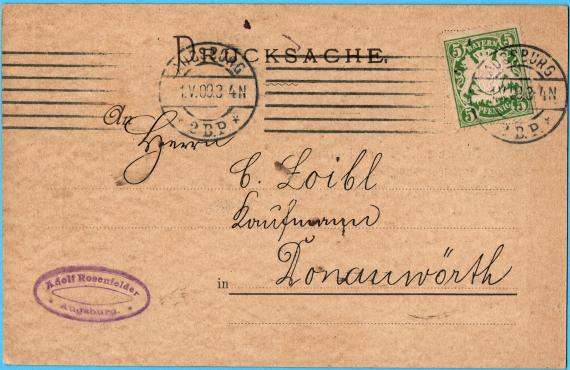 Firmenkarte " Adolf Rosenfelder, Spirituosenfabrik Augsburg ", - versandt am 1. Mai 1909 