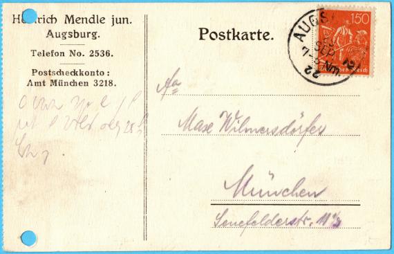 Postkarte geschäftlicher Art von " Heinrich Mendle jun. - Augsburg " an Herrn " Max Wilmersdörfer ", München, Senefelderstraße 11 1/2, - versandt am 29.September 1922