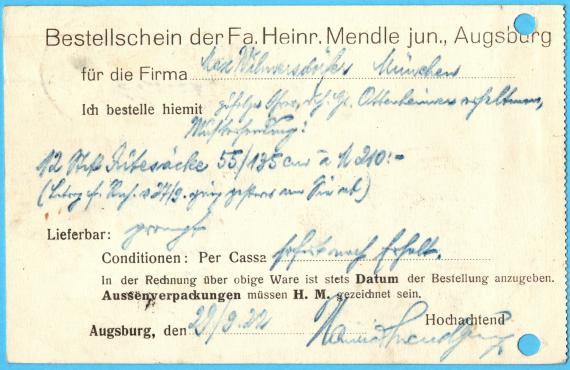 Postkarte geschäftlicher Art von " Heinrich Mendle jun. - Augsburg " an Herrn " Max Wilmersdörfer ", München, Senefelderstraße 11 1/2, - versandt am 29.September 1922 - Kartenrückseite