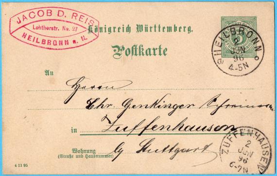 Postkarte - Jakob. D. Reis Postcard of a business nature from Mr. Jakob. D. Reis, Lohtthorstraße 27, Heilbronn, - mailed on June 2, 1896