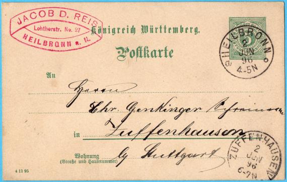 Postkarte geschäftlicher Art von  Herrn Jakob. D. Reis, Lohtthorstraße 27, Heilbronn, - versandt am 2. Juni 1896 