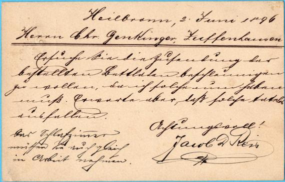 Postkarte - Jakob. D. Reis Postcard of a business nature from Mr. Jakob. D. Reis, Lohtthorstraße 27, Heilbronn, - mailed June 2, 1896 - back of card