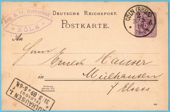 Postkarte geschäftlicher Art von " August & Fr. Rothschild, Köln " - versandt am 30.März 1889 