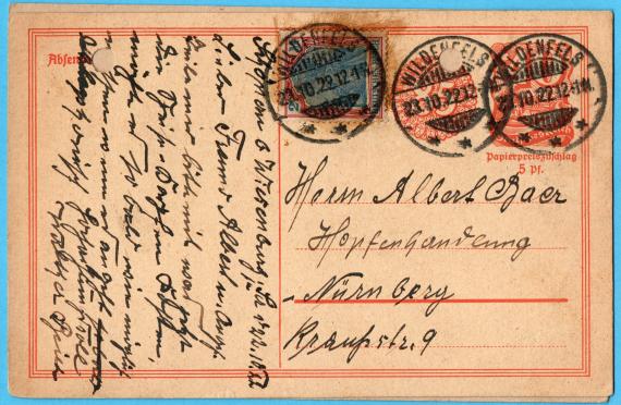 Postkarte an Herrn " Albert Baer, Hopfenhandlung ", Nürnberg, Kraußstraße 9, - versandt am 23. Oktober 1922