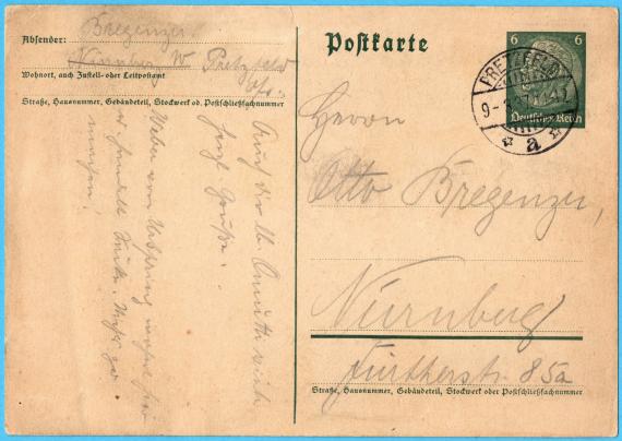 Postkarte privater Art an Herrn Otto Bregenzer, Nürnberg, Fürtherstraße 85a - versandt am 9. März 1937