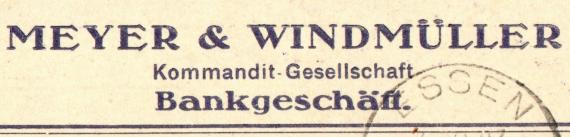 Geschäftspostkarte vom " Bankgeschäft Meyer & Windmüller " in Essen, - versandt am 4. Oktober 1923 - Ausschnittvergrößerung Firmenname