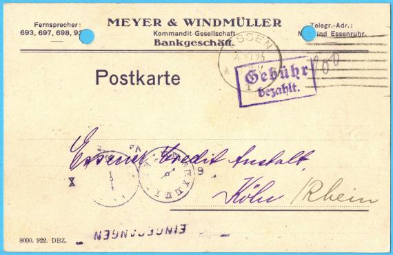 Business postcard from " Bankgeschäft Meyer & Windmüller " in Essen, - mailed on October 4, 1923