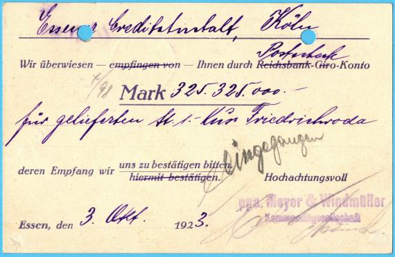 Business postcard from " Bankgeschäft Meyer & Windmüller " in Essen, - mailed on October 4, 1923 - back of card