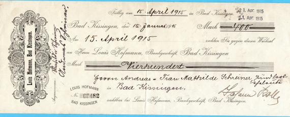 Geldwechsel " Bankgeschäft Louis Hofmann, Bad Kissingen " - ausgestellt am 15. April 1915 