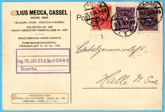 Business postcard " Julius Mecca, Cassel ", - mailed on January 24, 1923