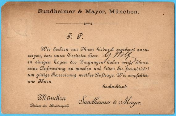 Representative visit announcement card from " Sundheimer & Mayer " - mailed November 23, 1897 - back of card