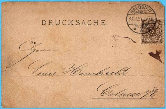 Verteter-Besuchsankündigungs-Karte von " Sundheimer & Mayer " - versandt am 23.November 1897 