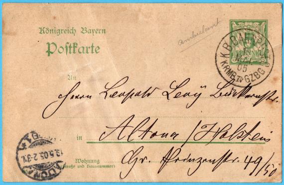 Postcard of private nature to Mr. " Leopold Levy, master baker " in Altona / Holstein, Große Prinzenstraße 49/50 - sent on May 18 from Ichenhausen