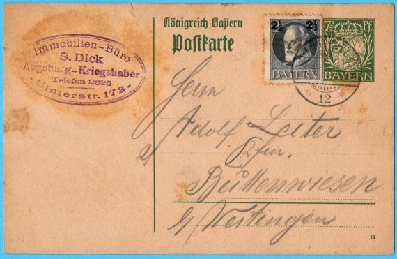 Postcard of a business nature from "Immobilien-Büro S. Dick, Augsburg-Kriegshaber,Ulmer Str.172 ", - sent to Buttenwiesen on April 3, 1919