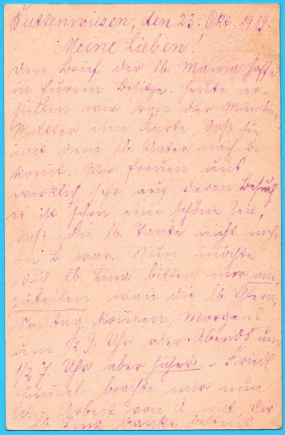 Postkarte - Moritz Rogger ostkarte privater Art an Herrn M. Rogger, Augsburg, Bahnhofstraße 7/III - versandt am 23. Oktober 1919 von Buttenwiesen - Kartenrückseite