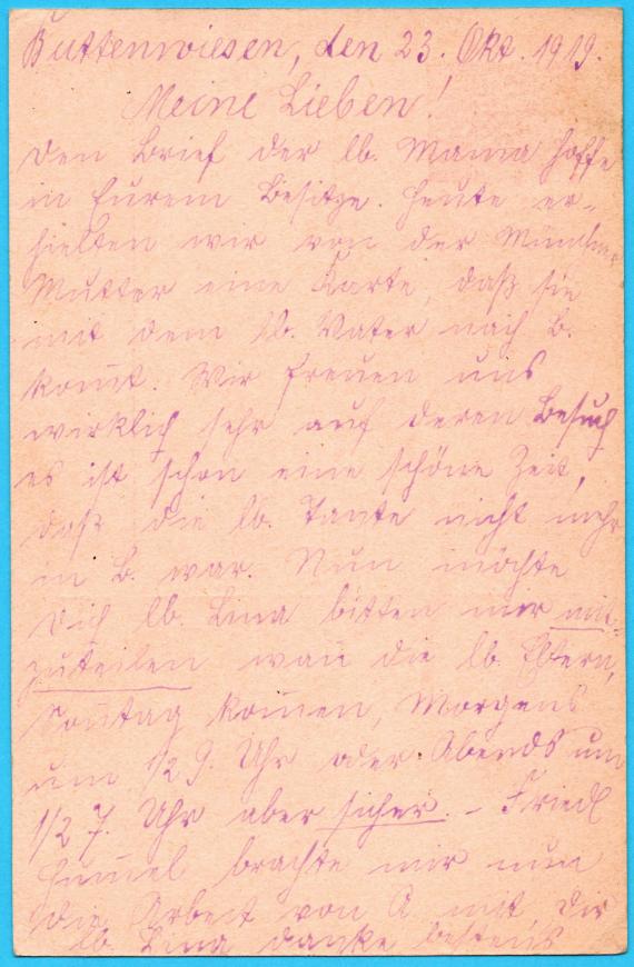 ostkarte privater Art an Herrn M. Rogger, Augsburg, Bahnhofstraße 7/III - versandt am 23. Oktober 1919 von Buttenwiesen - Kartenrückseite