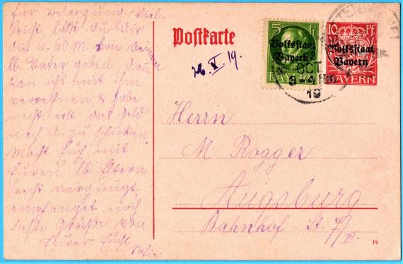 Postkarte privater Art an Herrn M. Rogger, Augsburg, Bahnhofstraße 7/III - versandt am 23. Oktober 1919 von Buttenwiesen