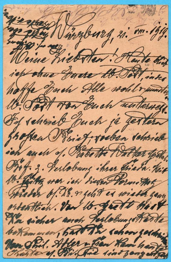 Postkarte - Dr. Bernd Hallenstein Postkarte persönlicher Art an Herrn Dr. Bernd Hallenstein, Lage`sche Straße 49, Detmold/Lippe - versandt am 21. August 1919 von Würzburg - Kartenrückseite