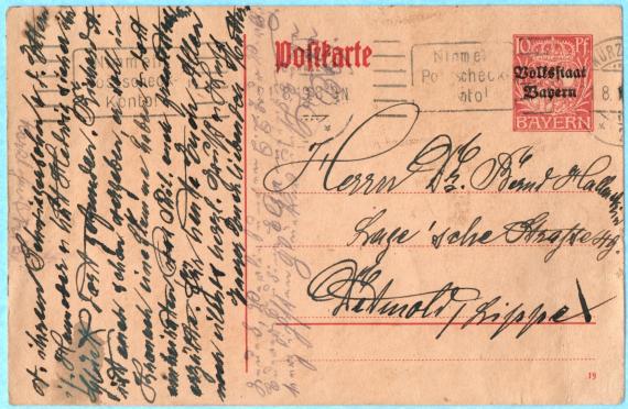 Postcard of a personal nature to Dr. Bernd Hallenstein, Lage`sche Strasse 49, Detmold/Lippe - sent from Würzburg on August 21, 1919