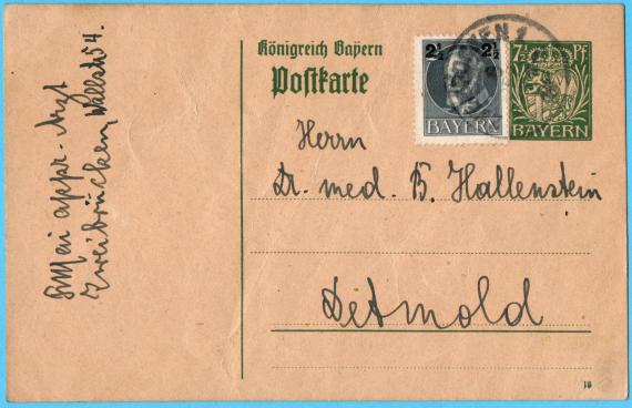 Postkarte - Dr.med. B.Hallenstein Postkarte privater Art an Herrn Dr. med. B. Hallenstein in Detmold, - versandt am 6. Juli 1918