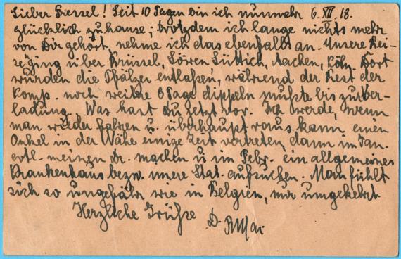 Postkarte - Dr. med. B. Hallenstein Postkarte privater Art an Herrn Dr. med. B. Hallenstein in Detmold, - versandt am 6. Juli 1918 - Kartenrückseite - in Anlehnung an seine Militärzeit